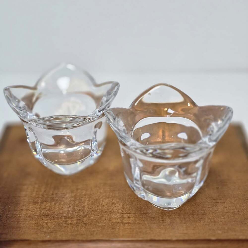 Set of 2 Glass Flower Star Votive Candle Holders Thick Heavy Glass Tealight Cups